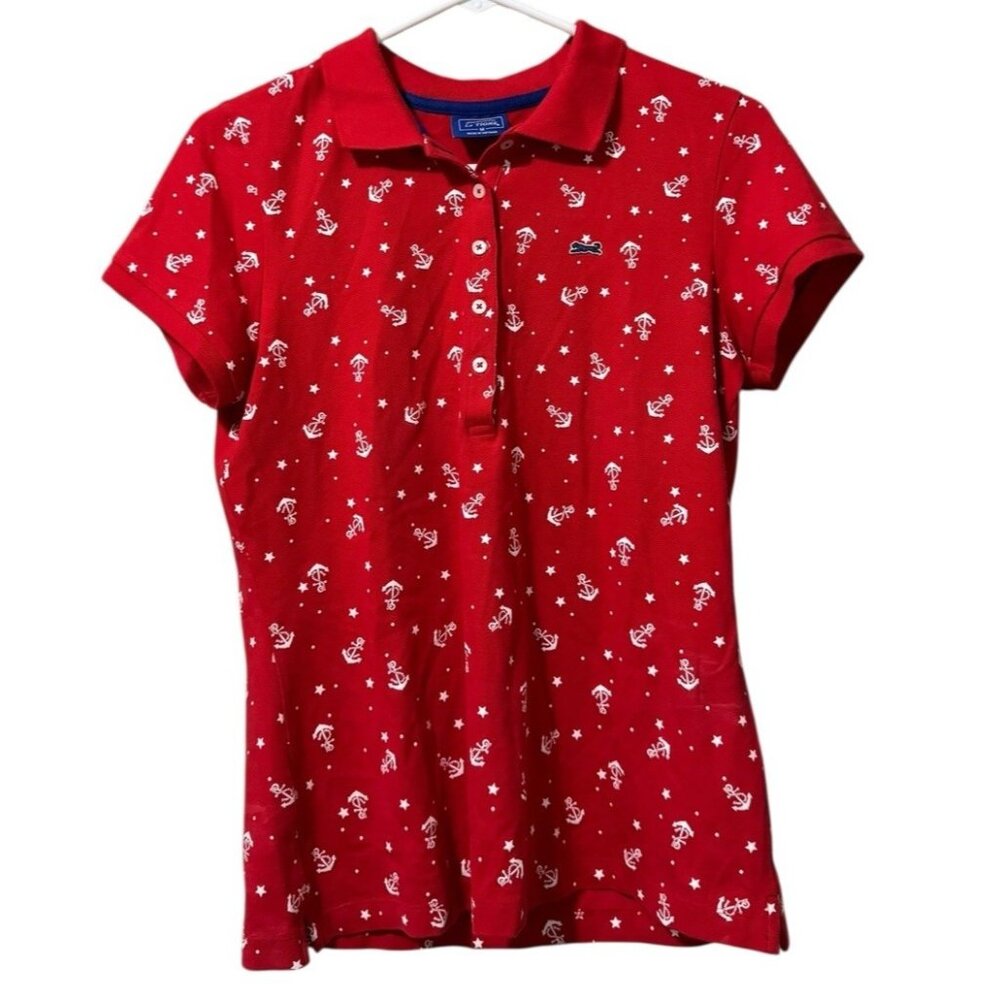 Le Tigre Polo Shirt Women Size Medium Red Anchors‎ Buttons Short Sleeve Preppy